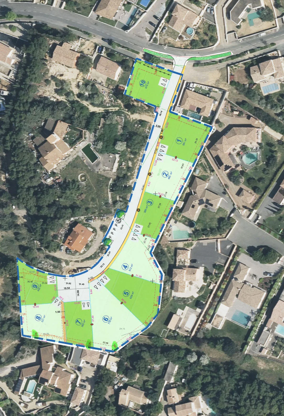 Plan de composition du lotissement Canavy à Narbonne, 10 lots
