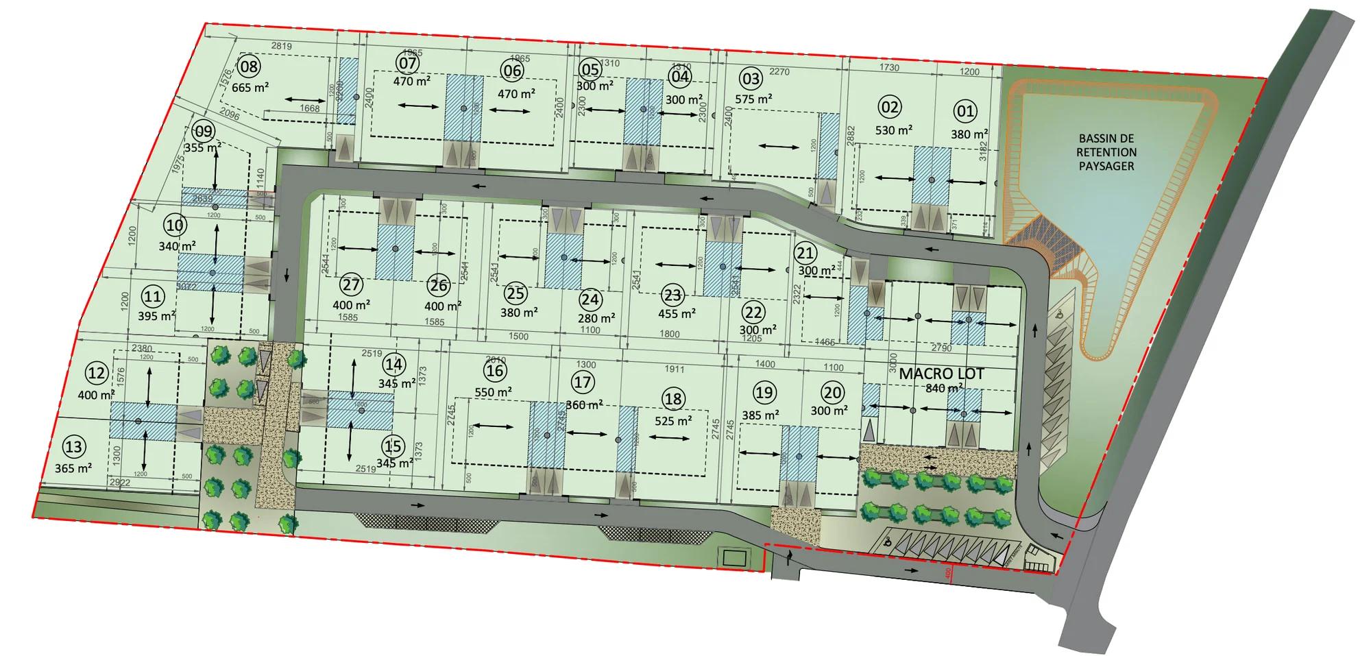 Plan de composition du lotissement Le Clos de la Condamine à Bages, 27 lots